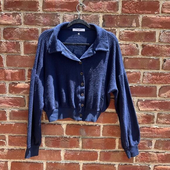Project Social T Women Fleece Button Front Crop Collared Sweater Blue Small NEW - Picture 2 of 6
